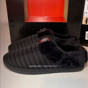 Harley Davidson Men’s Sz 8 Slipper Black Rubber Sole Warm Faux Fur Lined Slip On